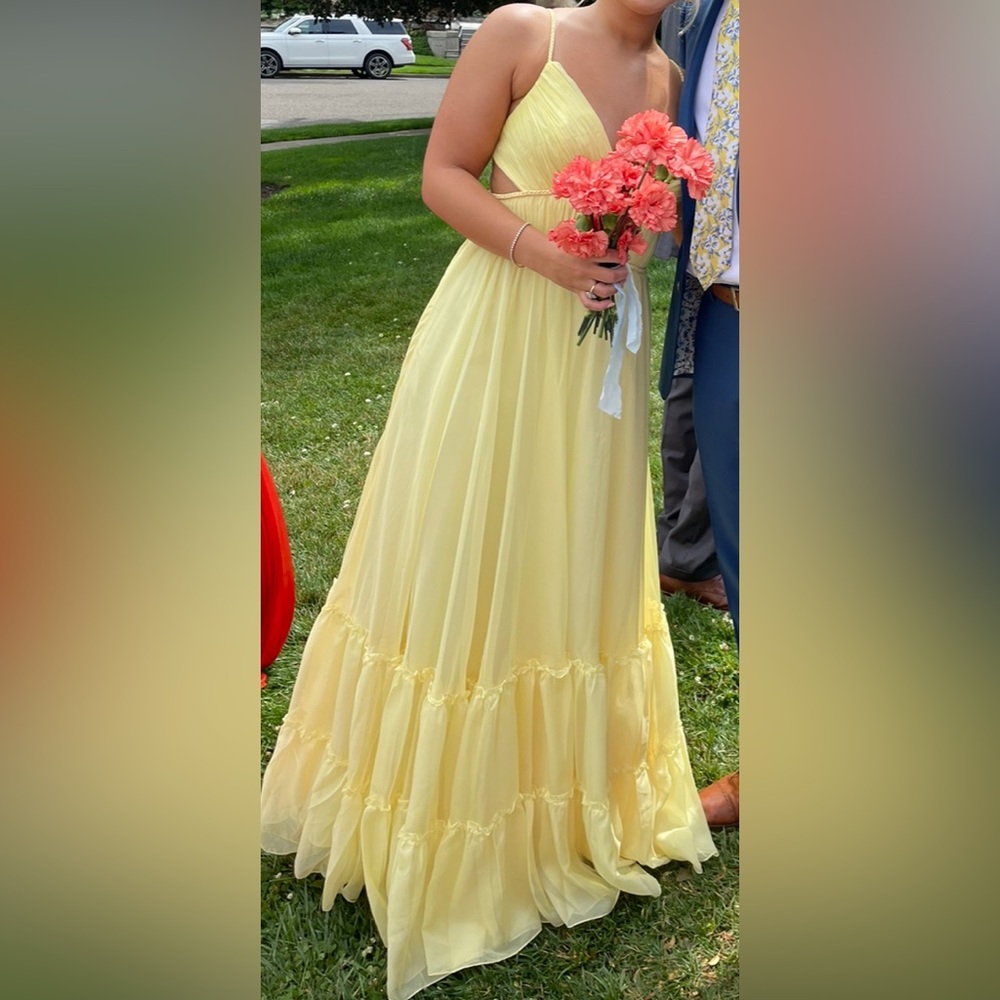 Yellow Mac Duggal Empire Waist Tiered Chiffon Gown